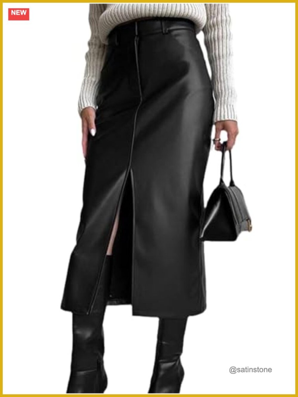 High Waisted Faux Leather Pencil Skirt with Front Slit